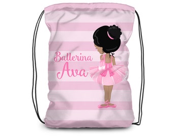 Personalized Ballerina Drawstring Backpack - Ballet Bag, Pastel Pink Stripes, Ballet Dancer Backpack, You Pick Girl - Kids Personalized Gift