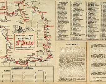 Tour de France Cycliste, 12e Annee 1914 with lists of teams, individuals, and route stage details. Vintage Reproduction Poster Print