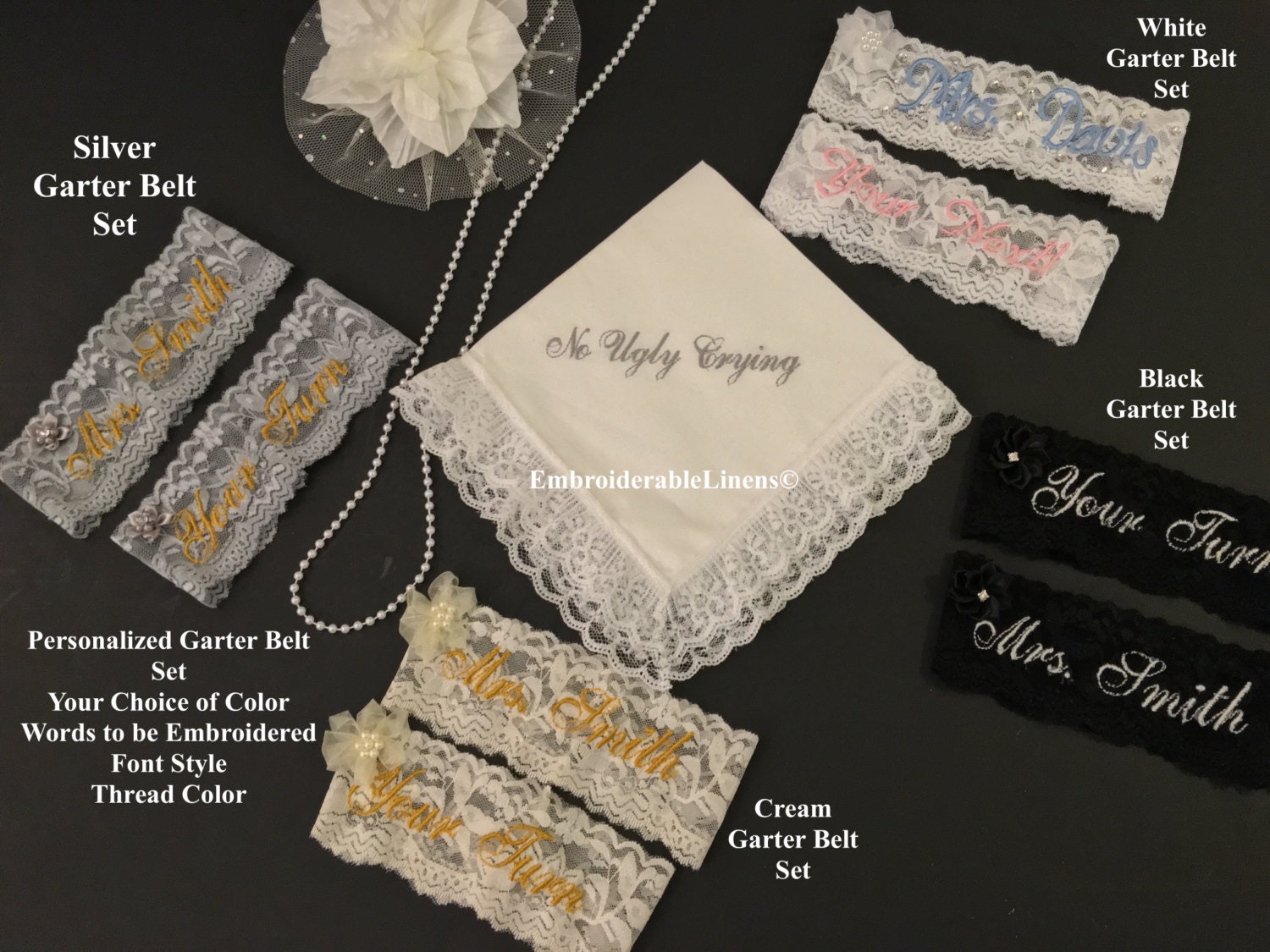 Custom Garter Belt Set Choice of Color Embroidered with your