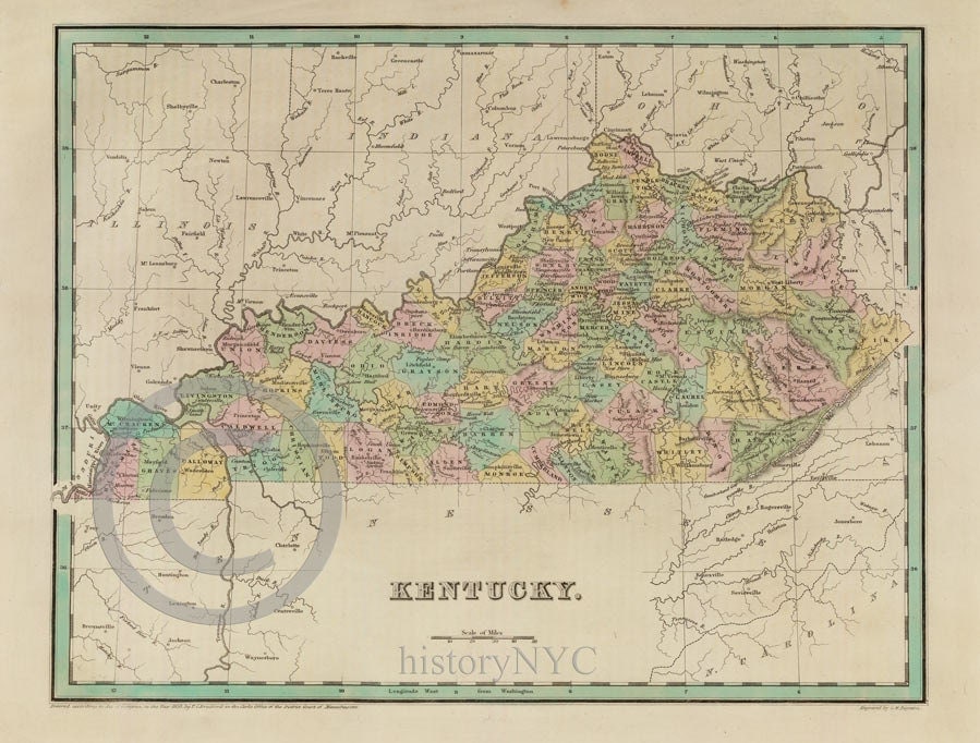 1838 Old Historical Map of Kentucky Counties Art Print