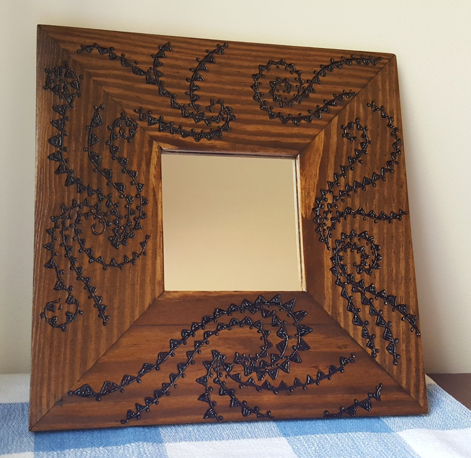 Wood Burned Spiky Swirls Mirror Frame