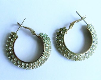 Vintage Rhinestone Silver Tone Hoop Earrings, Mid Century Earrings, Silver Tone Rhinestone Hoops, Pierced Earrings, Estate Jewelry, 1960s'