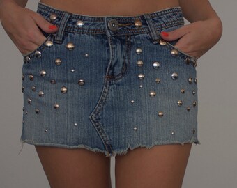 vintage summer metal rivets women's jean skirt Size S Jean zipper skirt,Jean Mini Skirt