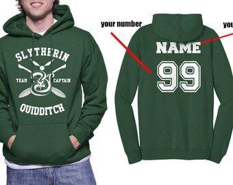 CAPTAIN - Custom Number and name on back, Slytherin Quidditch team Captain White print printed on Forest green Hoodie