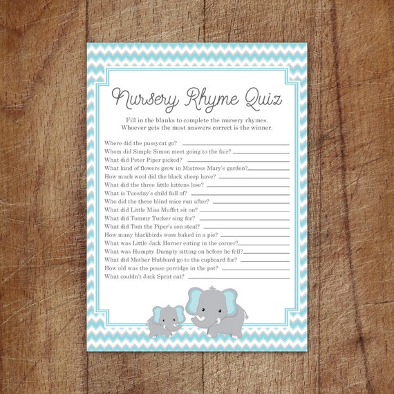 Elephant Baby Shower Nursery Rhyme Quiz Game Printable Blue