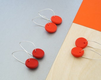 Red earrings,thin sterling silver hoop earrings, minimal earrings, polymer clay jewelry, dangle earrings, gift for her