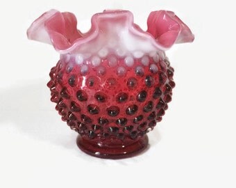 Fenton Hobnail Vase, Ruby Glass with Snow Crest, Vintage 1950s