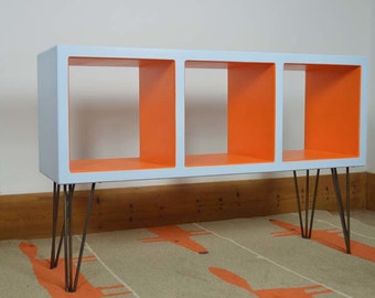 Retro Vinyl Storage, Hairpin Furniture, Mid Century Modern Shelves, Colourful Media Console, Orange Blue Side Table, LP Storage