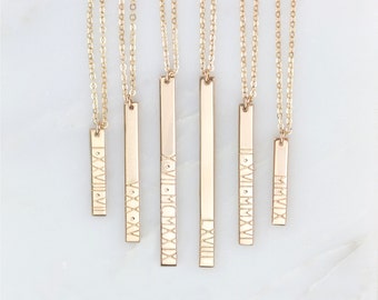 Personalized Roman Numeral Vertical Bar Necklace / Customized 14k Gold Filled, Sterling Silver, 14k Rose Gold Fill, GLDN GN130_V
