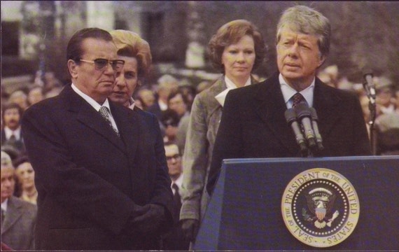 Vintage postcard ~ President Jimmy Carter and Rosalynn Carter with Marshall Tito of Yugoslavia ~ political gift ~ gift for him ~ America