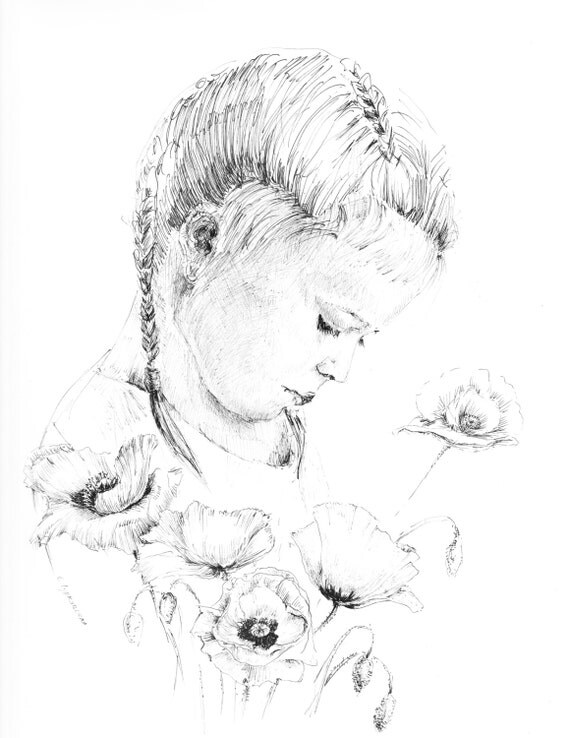 Little girl drawing of children pen and ink sketches