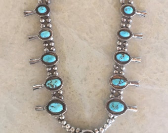 Turquoise & Sterling Silver Navajo Squash Blossom Necklace, Vintage/Pawn/Estate (30" long)