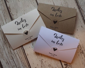 Personalised Wedding favour scratch card or lottery ticket holders- Love letter range