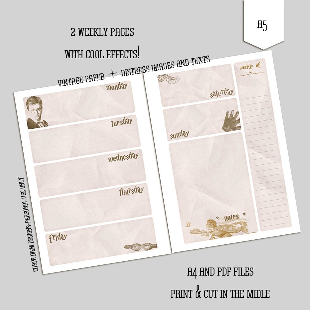 Harry Potter A5 Weekly Planner Printable on two Pages