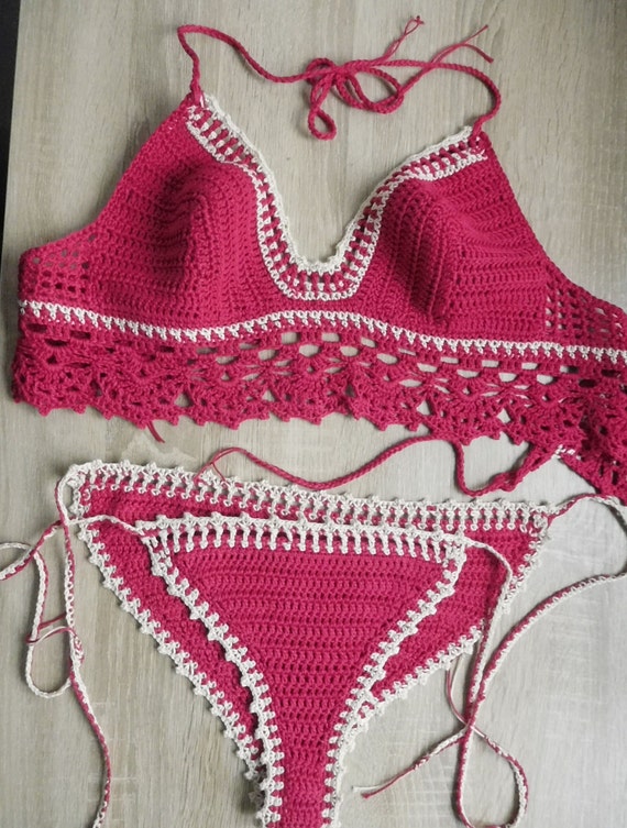 16036 MADE TO ORDER Crocheted bikini for women Dark pink-beige