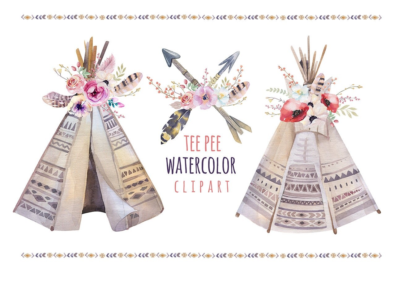 Watercolor boho teepee with feathers. Wedding floral digital