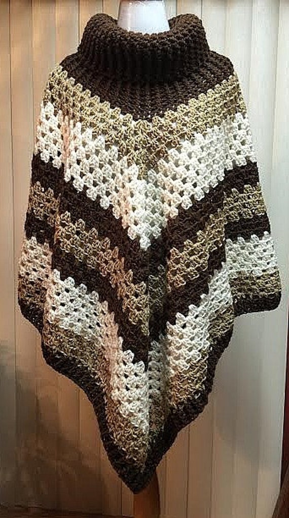 Crochet Poncho Cowl Neck Poncho Brown Poncho Boho Poncho simple square diagram 