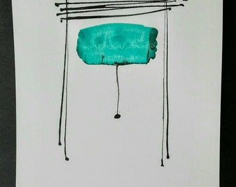 Abstract painting on paper black and turquoise. Minimalist