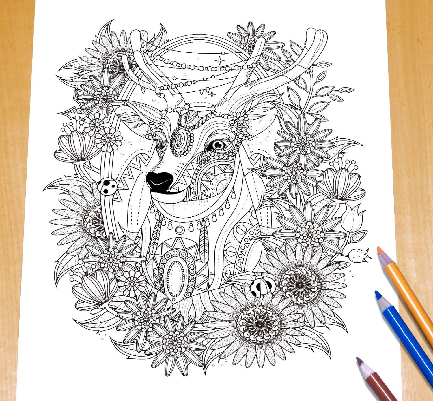 Adorable Deer Adult Coloring Page Print