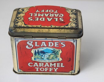 English Tin with Lid, Old Tin Box, Antique Slade's Caramel Toffy