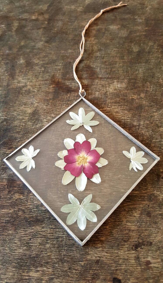Pressed Flower Glass Wall Hanging Tiffany Glass Floral Art