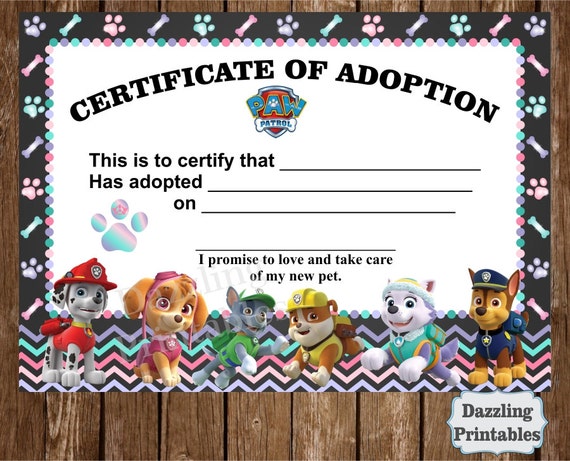 PAW PATROL ADOPTION Certificate Digital File by DazzlingPrintables