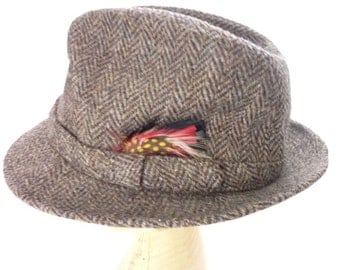 Vintage Harris Tweed Brown Fedora Hat Wool Scotland Size S 6 3/4 - 6 7/8