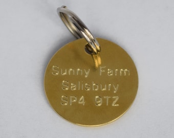 Engraved Pet Dog Cat Tag Pendant Personalised 25mm Disc with Split O Ring In Brass or Nickel