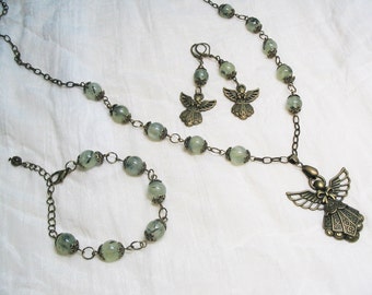 Angel Jewelry Prehnite Jewelry Gemstone Jewelry Romantic Gifts Beaded Bracelet Dangle Earrings Angel Charm FREE SHIPPING Angel Earrings