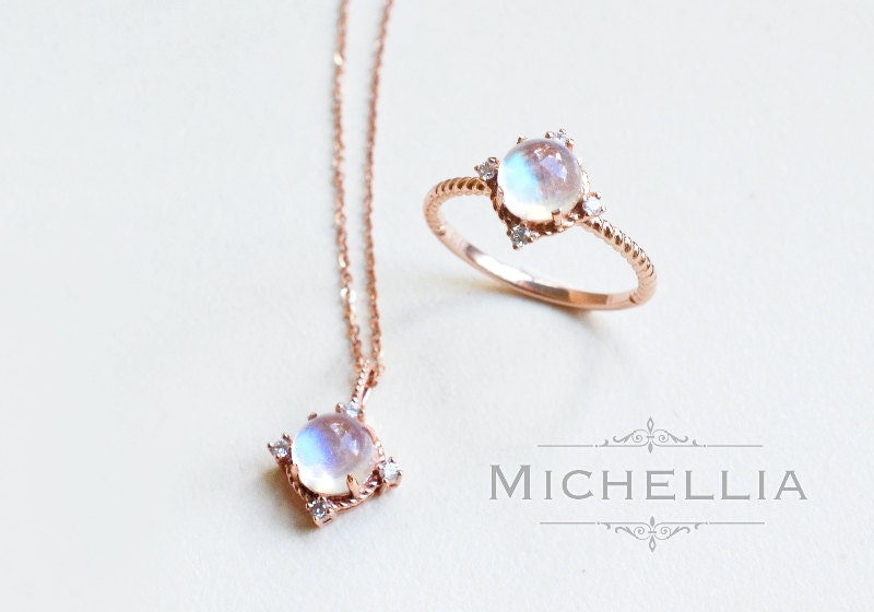 14K/18K Moonstone Galaxy Ring with Diamond Star Moon Ring