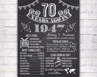 70th Birthday Chalkboard Poster Sign, 70 Years Ago Back in 1947 USA Events, Black & White, Instant Download Digital Printable File - 298