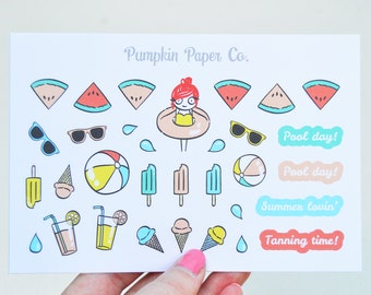 P081-Pool stickers, summer stickers, Planner stickers, swimming, ice cream stickers, beach stickers, sunglasses, 32 stickers, PPC136