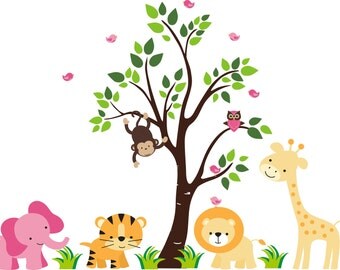 Kids Nursery Wall Decals - Safari Animal Themed - Jungle Wall Stickers - Adhesive Wall Decals Nursery - Orange and Pink Decals - 60" x 78"