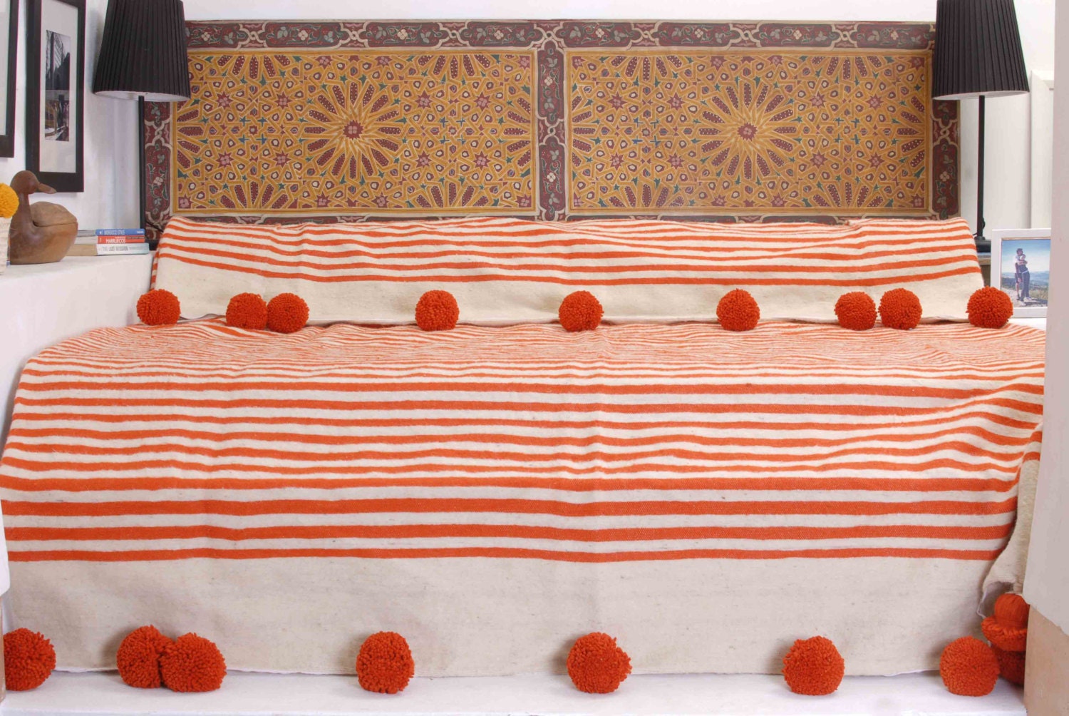 FREE SHIPPING Moroccan Wool Pompom Blanket Throw 100 natural