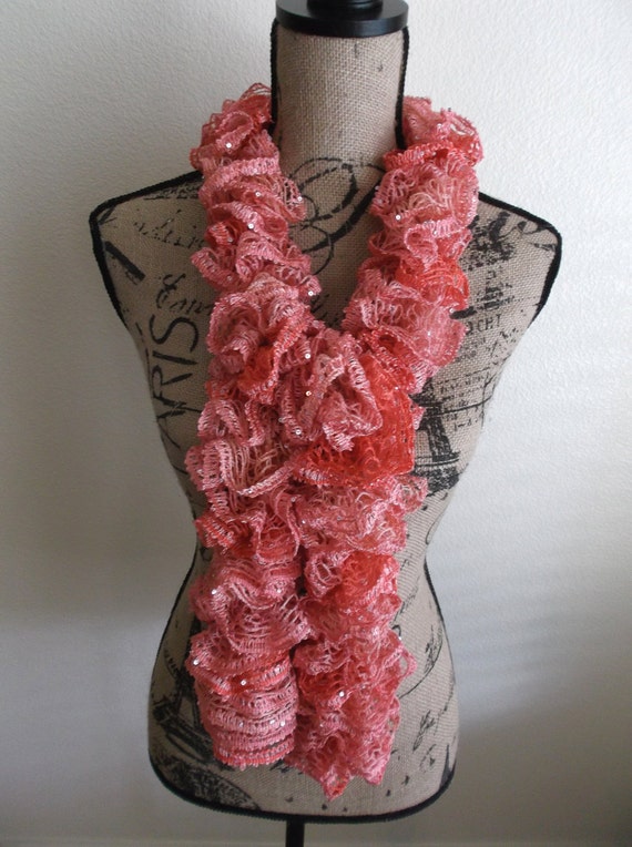 Tropical Coral Ruffled Knit Scarf by joyfilledknits on Etsy