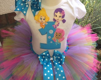 Bubble Guppies Birthday Tutu Outfit Dress Set Handmade 1st 2nd 3rd in Blue Pink Lime and Lavender