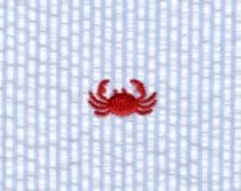 Blue with red crabs embroidered Seersucker Fabric, Fabric Finders blue and white seersucker, 100% cotton seersucker