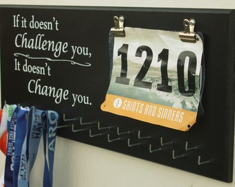 Running Medal Holder, Medal Display, Bib Display, Gift for runners, 23 Hooks, Doesn't Challenge You, Tri, Run, Bike, Swim, Full Medal Holder