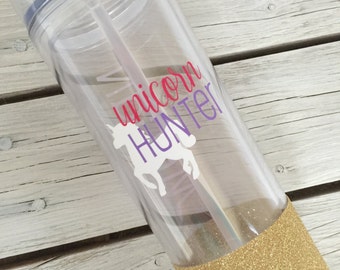 Unicorn Hunter Tumbler Skinny Tumbler with Straw - LuLaRoe - Glitter-Dipped Available! - Personalization Available!