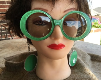 NOS 1960's Hippie Flower Child Mod Bright Green Vintage Sunglasses with Earrings on Chain