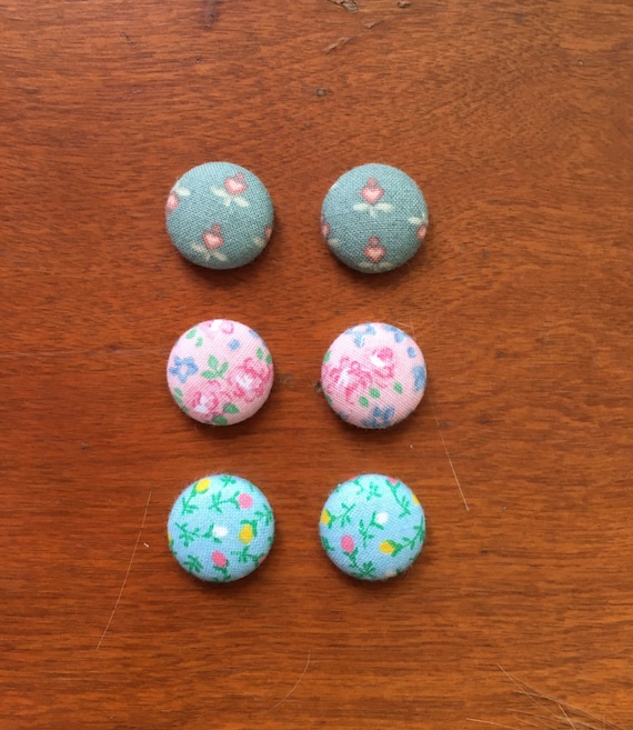 Fabric Button Earrings Set of Three Floral Earrings Handmade
