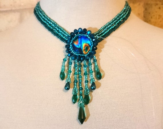 Peacock beaded necklace choker style teal by LeanaEllisCreations