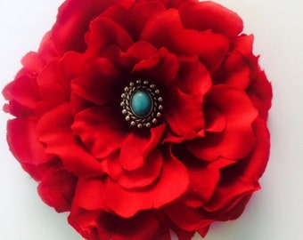 Southwestern red silk flower with faux turquoise hair clip