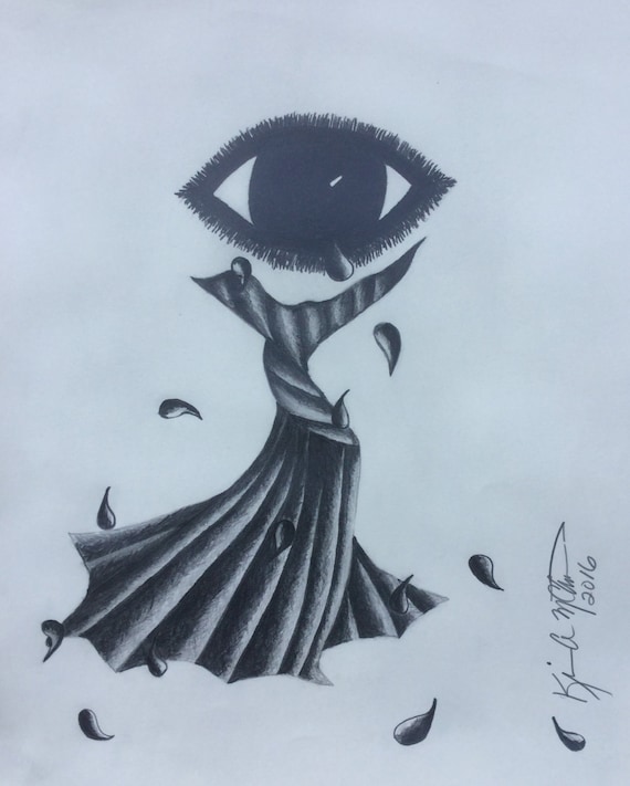 Abstract Pencil Drawing of Tears Coming from the Eye onto a