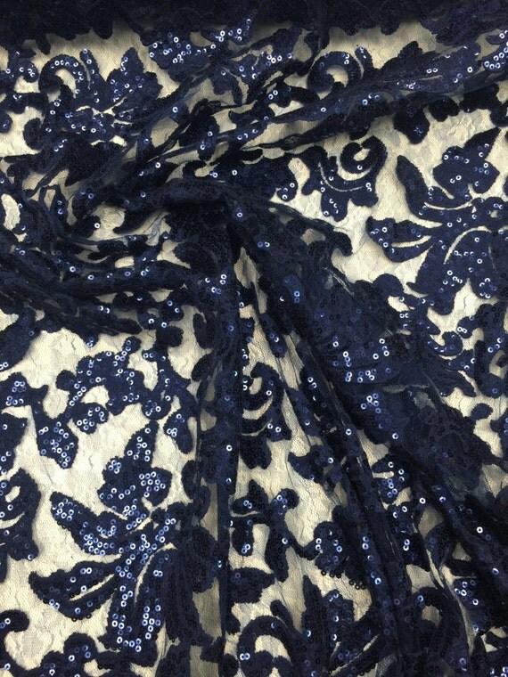 Beyonce shiny sequin lace navy blue color by yard by la20fabrics