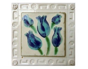 Ceramic Tile Wall Hanging of Blue Flowers