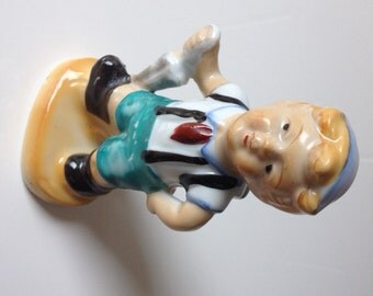 Vintage Boy with Umbrella and Backpack Figurine Made In Japan Hummel Lookalike Ceramic Boy Hiking