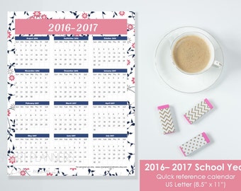 Academic Year Printable Calendar 2016-2017 at a glance. US Letter Size 8.5"x11". Quick reference calendar, planner insert. Instant download.