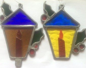 Pair of Vintage Stained Glass Christmas Candle Suncatchers