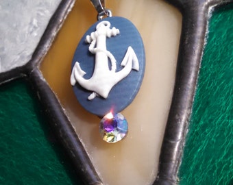 Vintage rhinestone anchor cameo pendant